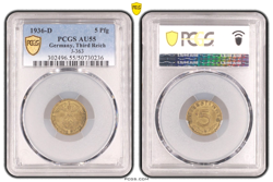 PCGS AU55 5 PFENNIG 1936 D SWASTIKA GERMANY THIRD REICH J-363 COIN WW2 REICHSPFE