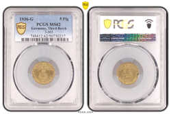 PCGS MS62 5 PFENNIG 1936 G SWASTIKA GERMANY THIRD REICH J-363 COIN WW2 5 PFG UNC