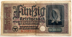 GERMANY 3RD REICH WW2 BANKNOTE 50 REICHSMARK SER. B , 1939
