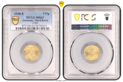 PCGS MS63 5 PFENNIG 1938 E SWASTIKA GERMANY THIRD REICH J-363 COIN WW2 5 PFG UNC