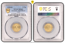 PCGS MS63 5 PFENNIG 1938 B SWASTIKA GERMANY THIRD REICH J-363 COIN WW2 5 PFG UNC