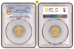 PCGS AU58 5 PFENNIG 1939 F SWASTIKA GERMANY THIRD REICH J-363 COIN WW2 REICHSPFE
