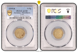 PCGS AU55 5 PFENNIG 1939 B SWASTIKA GERMANY THIRD REICH J-363 COIN WW2 REICHSPFE