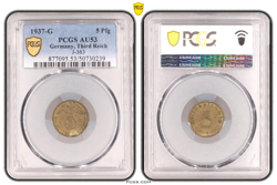 PCGS AU53 5 PFENNIG 1937 G SWASTIKA GERMANY THIRD REICH J-363 COIN WW2 REICHSPFE
