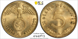 PCGS MS64 5 PFENNIG 1939 A SWASTIKA GERMANY THIRD REICH J-363 COIN WW2 5 PFG UNC