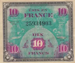 FRANCE ALLIED MILITARY CURRENCY 10 FRANCS (1944) WW2 P-116  VF