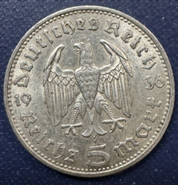 1936 F 5 REICHSMARK GERMAN WW2 SILVER COIN THIRD REICH IMPERIAL EAGLE