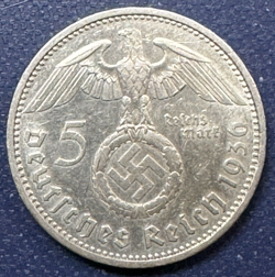 1936 A 5 REICHSMARK GERMAN WW2 SILVER COIN THIRD REICH