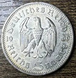 1936 A 5 REICHSMARK GERMAN WW2 SILVER COIN THIRD REICH IMPERIAL EAGLE