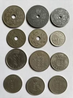 LOT OLD BELGIUM COINS 10, 25 AND 50 CENTIMES 5   1 FRANCS 1904 ONWARDS INCL WW2