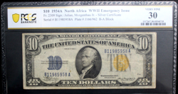 1934 A $10 NORTH AFRICA EMERGENCY NOTES ISSUED   WW2 FR 2309 PCGS 30 VERY FINE