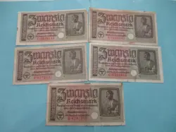 WW2 GERMAN MONEY 20 ZWANZIG REICHSMARK 5 BILLS SWASTIKA THIRD REICH