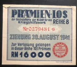 GERMANY 1941 WW2 GERMAN REICHSLOTTERIE LOTTERY TICKET