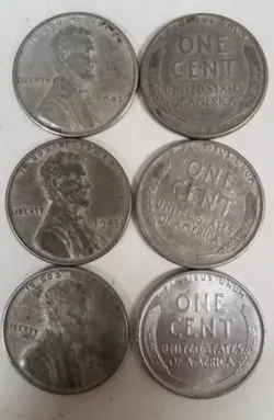 132A506 LOT OF 6 U.S. WHEAT PENNIES 1943 WW2 LINCOLN STEEL CENT COINS ALMOST UNC