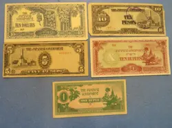 WW 2 LOT OF 5 JIM PAPER CURRENCY NOTES, JAPANESE OCCUPATION WWII 1941-43  C