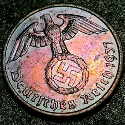 1937-A NAZI GERMANY *BEAUTIFULLY TONED* GENUINE WW2-ERA 2 REICHSPFENNIG COIN