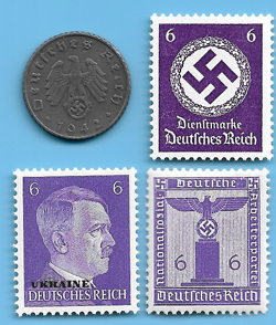 GERMANY WW2 1942 F 5 RPF SWASTIKA COIN & HITLER SWASTIKA STAMP LOT WW2 ERA  #50