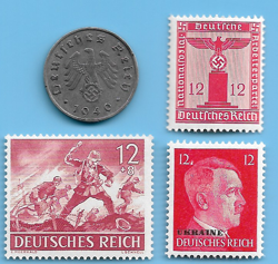GERMANY WW2 1940A 10 RPF SWASTIKA COIN & HITLER SWASTIKA STAMP LOT WW2 ERA  #50