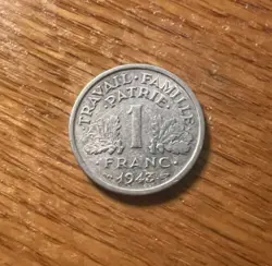 1943 FRANCE VICHY GOVERNMENT WW2 1 FRANC GERMAN PUPPET GOVT KM#902.1 OLD COIN!