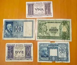 ITALY 1930S 1940S WW2 5 BANKNOTES PAPER MONEY 50 10 2 AND 1 LIRAS CIRCULATED