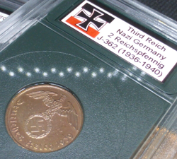 2 REICHSPFENNIG NAZI COIN *WITH CASE* 1937-1939 SWASTIKA THIRD REICH WW2 GERMANY