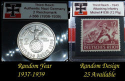 NAZI SILVER COIN 2 REICHSMARK AND WEHRMACHT REICHSPFENNIG STAMP THIRD REICH WW2