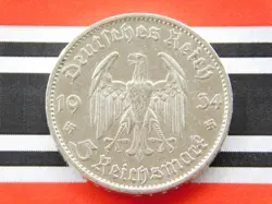 GERMAN 5 REICHSMARK 1934 D POTSDAM CHURCH SWASTIKA DATE SILVER COIN 3RD WW2 MARK