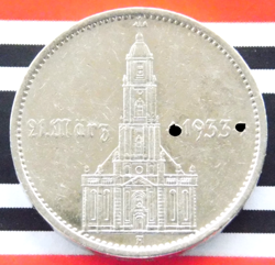 GERMAN 5 REICHSMARK 1934 A POTSDAM CHURCH SWASTIKA DATE SILVER COIN 3RD WW2 MARK