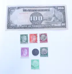 WW2 GERMAN MONEY COIN 1 REICHSPFENNIG STAMPS THIRD REICH HITLER W/ OCCUPED $100