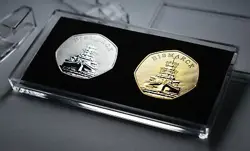 PAIR OF GERMAN BATTLESHIP BISMARCK COMMEMORATIVES IN 50P COIN DISPLAY CASE. WW2