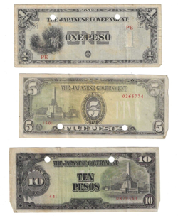 JAPANESE WW2 PHILIPPINES OCCUPATION  1, 5, AND 10 PESO WWII CURRENCY BANKNOTES