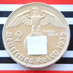 GERMAN 1936 D 2 REICHSMARK HINDENBURG SILVER COIN THIRD REICH WW2 MARK   RARE