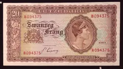 1943 LUXEMBOURG - 20 FRANCS  WW2 CURRENCY BANKNOTE