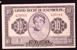 1944 LUXEMBOURG - 10 FRANCS  WW2 CURRENCY BANKNOTE