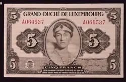 1944 LUXEMBOURG - 5 FRANCS  WW2 CURRENCY BANKNOTE