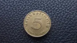 WWII ANTIQUE GERMANY 1938 A 3RD REICH SS NAZI EAGLE SWASTIKA 5 PFENNIG COIN H4.