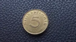WWII ANTIQUE GERMANY 1937 A 3RD REICH SS NAZI EAGLE SWASTIKA 5 PFENNIG COIN H5