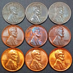 9 LINCOLN WHEAT CENTS 1943 P,D,S WW2 STEEL CENT SET TONED/UNCIRCULATED (LOT#6)