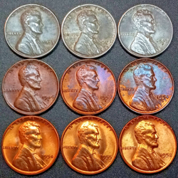 9 LINCOLN WHEAT CENTS 1943 P,D,S WW2 STEEL CENT SET TONED/UNCIRCULATED (LOT#7)