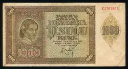 CROATIA (NDH) - 1000 KUNA BANKNOTE 1941 - P-4 WW2 (VF-XF)