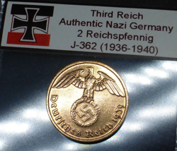 BEAUTIFUL 2 REICHSPFENNIG NAZI COIN: GENUINE BRONZE THIRD REICH GERMANY WW2-ERA