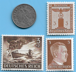 GERMANY WW2 1941 A 5 RPF SWASTIKA COIN & HITLER SWASTIKA STAMP LOT WW2 ERA  #58