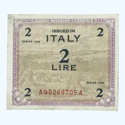 1943 ITALY ALLIED MILITARY CURRENCY ITALIAN BANKNOTE 2 LIRA (LIRE) WW2 PRE-COIN
