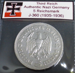 NAZI SILVER COIN 5 REICHSMARK THIRD REICH GERMANY BEAUTIFUL HINDENBURG WW2 RELIC