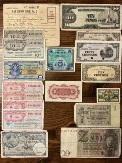 LOT OF WW2 CURRENCY NOTES: USA MILITARY, RATION, GERMANY BELGIUM FRANCE JAPAN