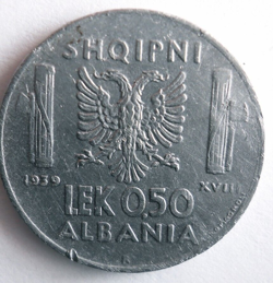 1939 ALBANIA 0.50 LEK - WW2 - RARE LOW MINTAGE COIN - LOT #G31
