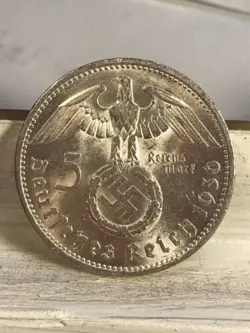 1936 A 5 MARK GERMAN WW2 SILVER COIN THIRD REICH HIGH GRADE W/LUSTER FREE SHIP S