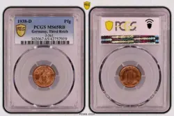 1 REICHSPFENNIG 1938D EAGLE ON TOP OF A SWASTIKA THIRD REICH GERMANY MS65RB PCGS
