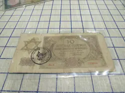10 ZLOTYCH BANK NOTE OF POLAND WITH FAKE WW2 STAMP.