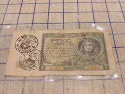 POLAND, 5 ZLOTYCH 1941  WITH FAKE WW2 STAMP.
